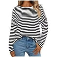 thumbnail image 1 of Bibifish Womens T-Shirts Stripped Print Long Sleeve Blouses Casual Crewneck Neck Striped Tee Shirts Spring Fall Comfortable Pullover Tops, 1 of 6