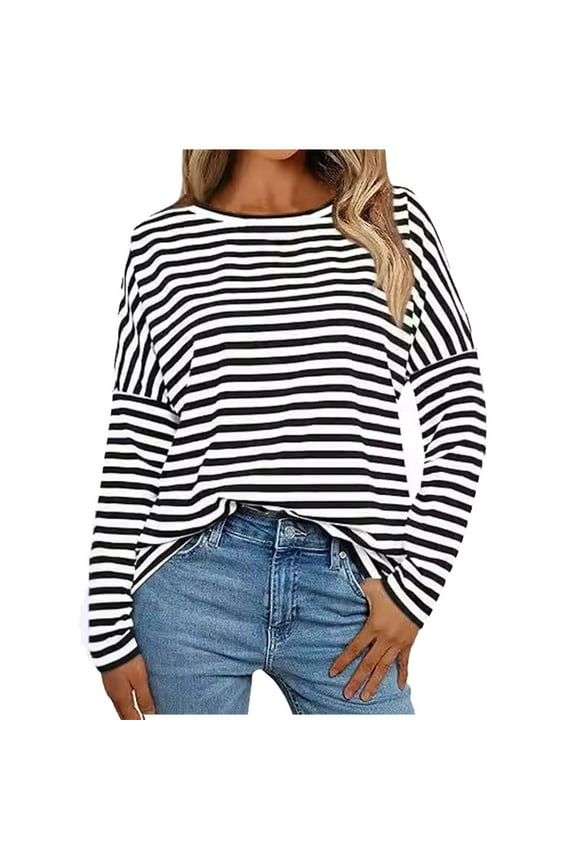 Womens T-Shirts Stripped Print Long Sleeve Blouses Casual Crewneck Neck Striped Tee Shirts Spring Fall Comfortable Pullover Tops