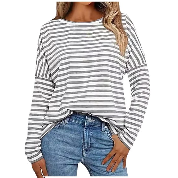 Bibifish Womens T-Shirts Stripped Print Long Sleeve Blouses Casual Crewneck Neck Striped Tee Shirts Spring Fall Comfortable Pullover Tops