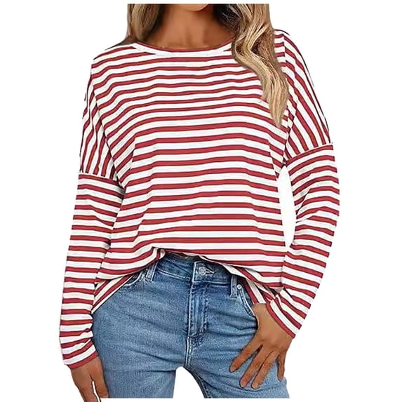 Bibifish Womens T-Shirts Stripped Print Long Sleeve Blouses Casual Crewneck Neck Striped Tee Shirts Spring Fall Comfortable Pullover Tops