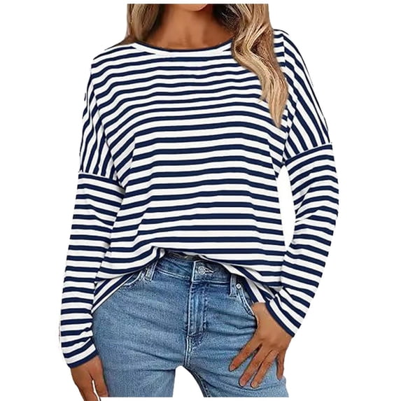 Bibifish Womens T-Shirts Stripped Print Long Sleeve Blouses Casual Crewneck Neck Striped Tee Shirts Spring Fall Comfortable Pullover Tops