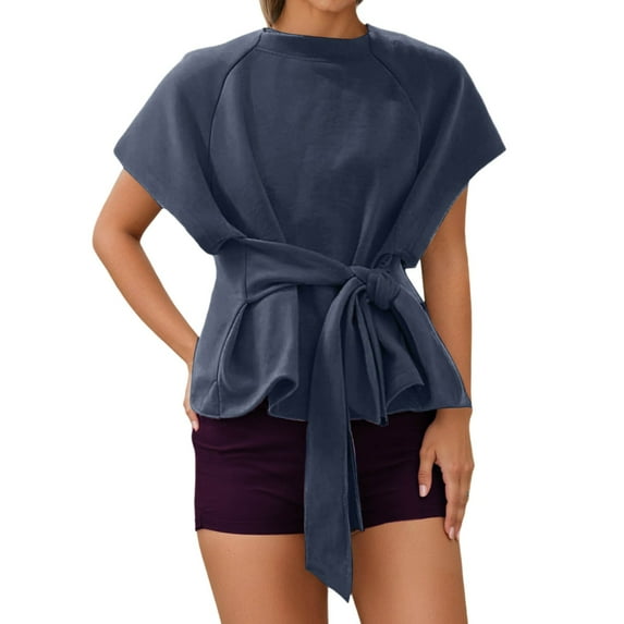 Bibifish Womens T-Shirts Summer Short Sleeve Drop Shoulder Tshirts Tie Front Breathable Round Neck Tees Trendy Ladies Outfits