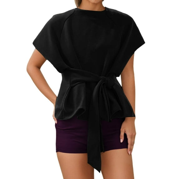 Bibifish Womens T-Shirts Summer Short Sleeve Drop Shoulder Tshirts Tie Front Breathable Round Neck Tees Trendy Ladies Outfits
