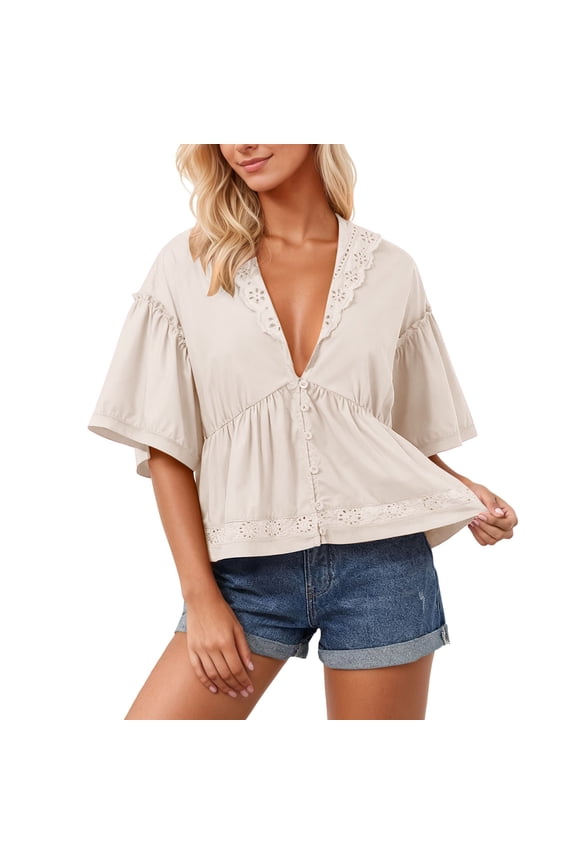 Womens T-Shirts Summer Solid Color Ruffle Trim Short Sleeve Tee Tops Sweet Elegant Casual Daily Wear Pullover T Shirts