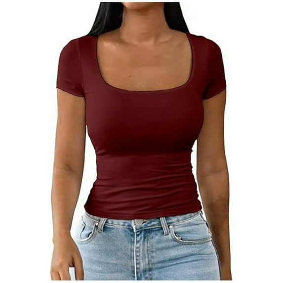 Bibifish Womens T-Shirts Summer Trendy Slim Fit U Neck Short Sleeve Tshirts Casual Solid Color Lightweight Tee Tops For Ladies