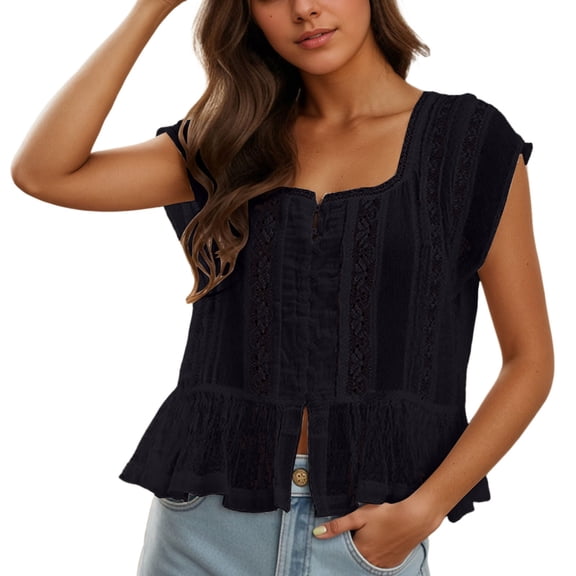 Bibifish Womens T-Shirts Summer Trendy Solid Color Tees With Lace Trim Trendy Square Neck Short Sleeve Streetwear Lightweight Tank Tops