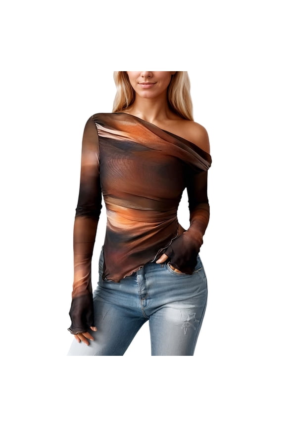 Womens T-Shirts Tie Dye Printed Stylish Pattern Off Shoulder Comfortable Long Sleeve Spring Autumn Trendy Pullover Tee Tops