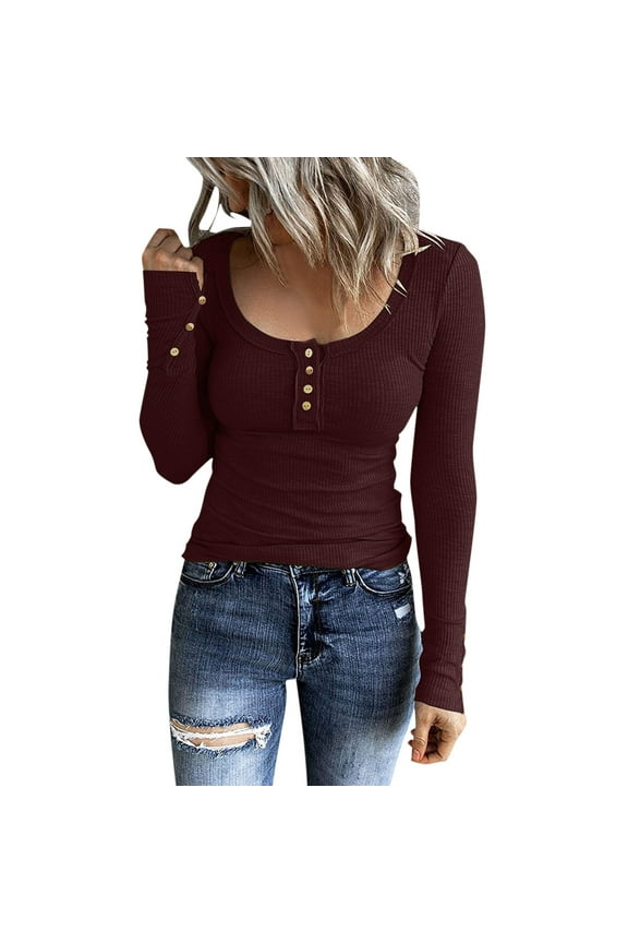 Womens T-shirts Long Sleeve Henley T Shirts Button Down Slim Fit Tops trendy Scoop Neck Ribbed Knit Shirts for ladies