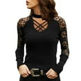 thumbnail image 1 of Bibifish Womens T-shirts Slim fit Floral Embroidery Lace up U-neck elegant pullover tees Long Sleeve stretchy tee Tops for Ladies, 1 of 9