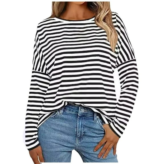 Bibifish Womens T-shirts Striped Long Sleeve T shirts Casual Crewneck trendy oversized T Shirts comfy soft pullover tops for ladies