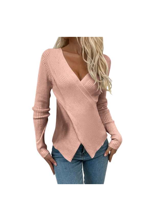 Womens T-shirts Women trendy V Neck Long Sleeve Solid Color Pullover tee tops slim fit Knitting pullover Tops for ladies