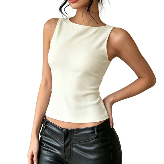 Bibifish Womens Tank Tops Boat Neck Solid Slim Cropped Summer Sleeveless Camisole Fitted Stretch Layering Undergarment Tops