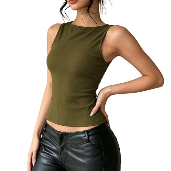 Bibifish Womens Tank Tops Boat Neck Solid Slim Cropped Summer Sleeveless Camisole Fitted Stretch Layering Undergarment Tops
