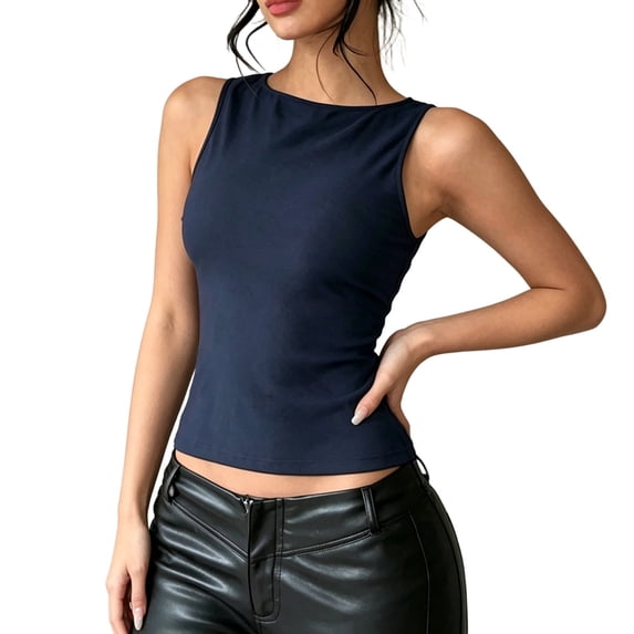 Bibifish Womens Tank Tops Boat Neck Solid Slim Cropped Summer Sleeveless Camisole Fitted Stretch Layering Undergarment Tops