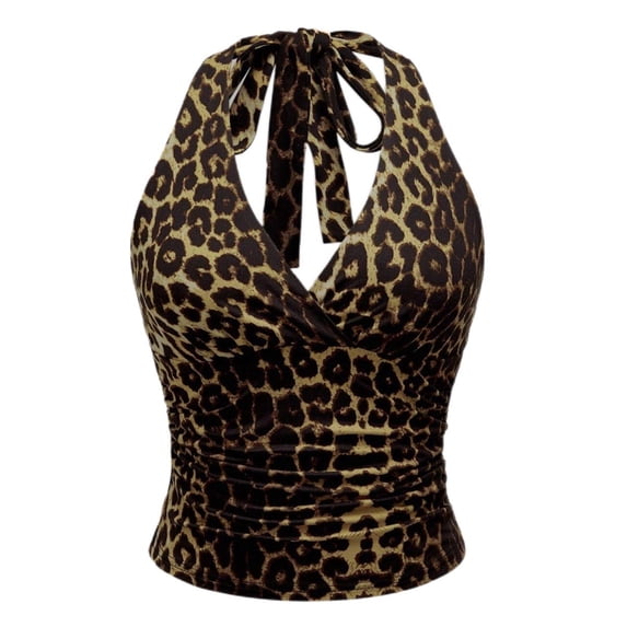 Bibifish Womens Tank Tops Burgundy Leopard Print Halter Tie Back Summer Sleeveless Camisole Slim Fit Vacation Tops