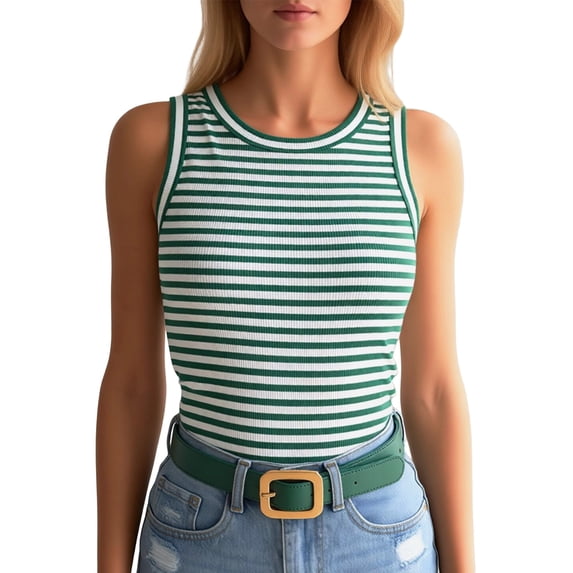 Bibifish Womens Tank Tops Crew Neck Ribbed Tank Tops Horizontal Striped Sleeveless Fitted Basic Shirts