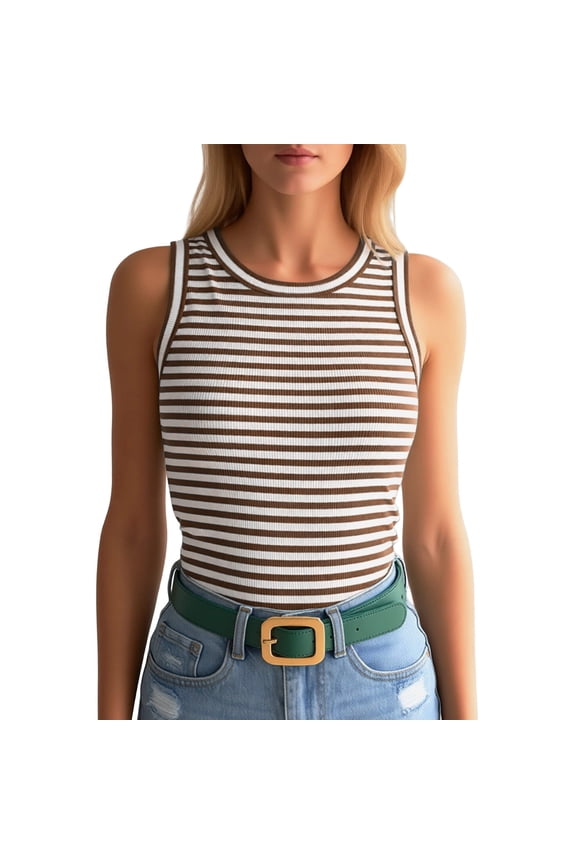 Womens Tank Tops Crew Neck Ribbed Tank Tops Horizontal Striped Sleeveless Fitted Basic Shirts