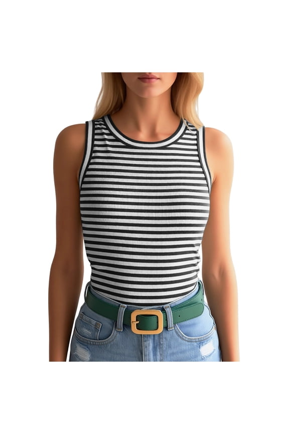 Womens Tank Tops Crew Neck Ribbed Tank Tops Horizontal Striped Sleeveless Fitted Basic Shirts