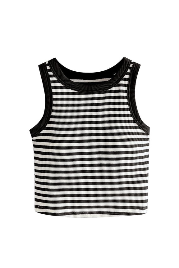 Womens Tank Tops Crew Neck Sleeveless Everyday Tops Slim Fit Ribbed Horizontal Stripe Cropped Layering Vest Tops