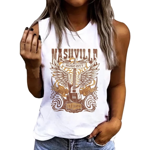 Bibifish Womens Tank Tops Crew Neck Sleeveless Western Tops Loose Fit Nashville Guitar Wing Graphic Print Casual Basic Tank Tops