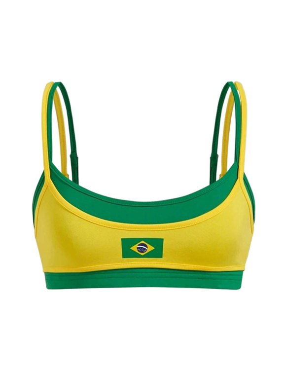 Womens Tank Tops Double Spaghetti Straps Square Neck Athletic Tops Slim Fit Brazil Flag Print Layered Cropped Workout Cami Tops