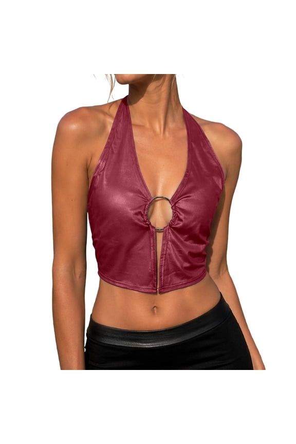 Womens Tank Tops Faux Leather Halter Neck Sleeveless Camisole O Ring Cutout Cropped Night Out Tops