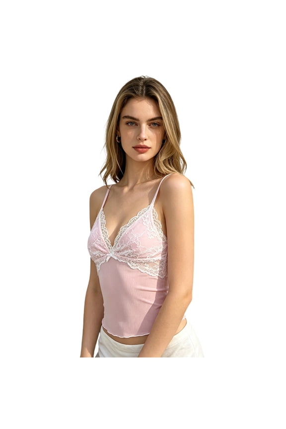 Womens Tank Tops Floral Lace Panel Tiny Front Bow Summer Sleeveless Camisole Ribbed Knit Cropped Sweet Outfit Tops