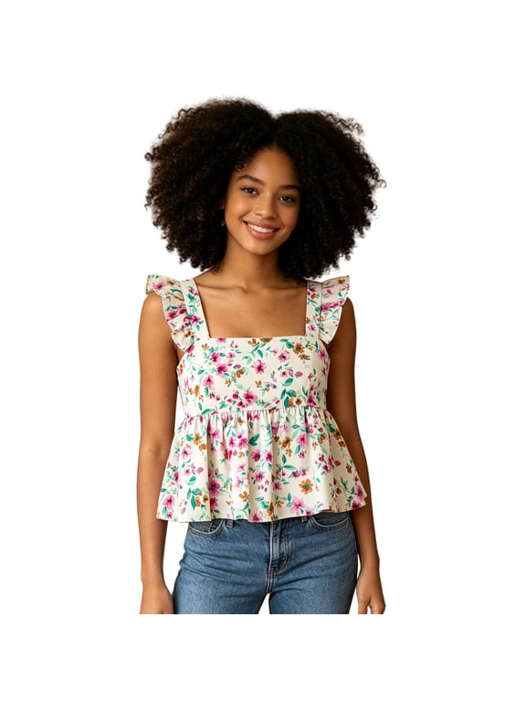 Womens Tank Tops Floral Print Flutter Shoulder Square Neck Shirts Summer Sleeveless Going Out Tops