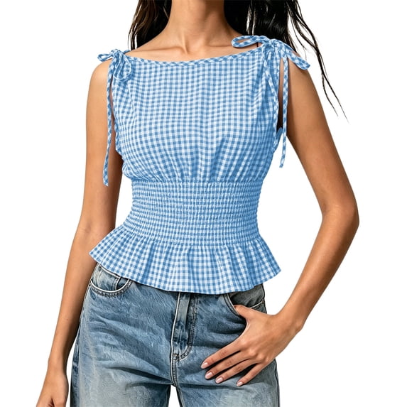 Bibifish Womens Tank Tops Gingham Print Tie Shoulder Sleeveless Camisole Smocked Waist Peplum Summer Casual Tops