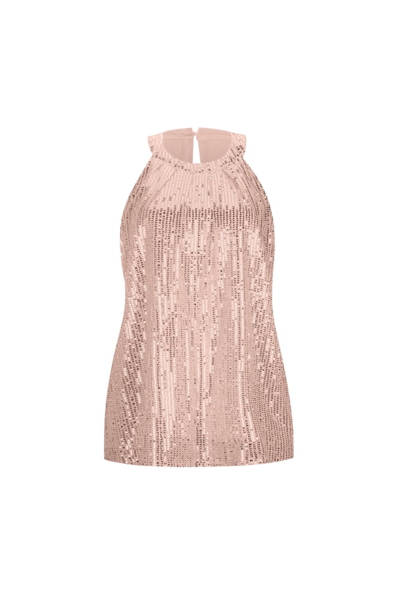 Womens Tank Tops Halter Neck Back Keyhole Closure Summer Sleeveless Camisole All Over Vertical Sequin Evening Party Tops