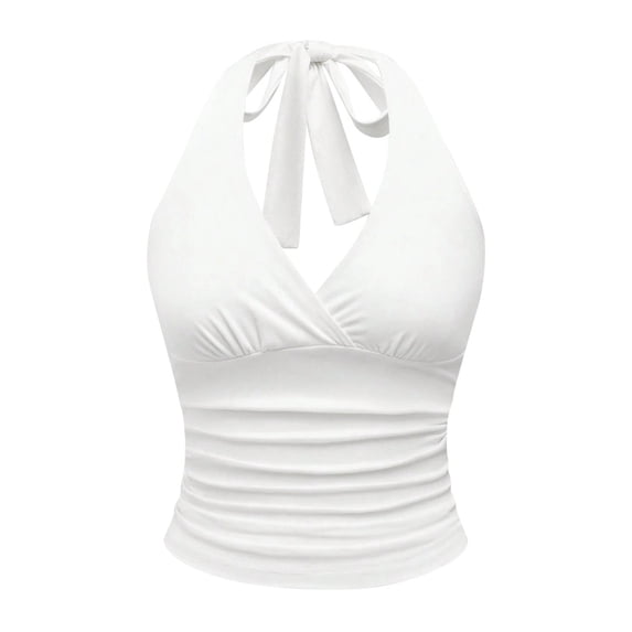 Bibifish Womens Tank Tops Halter Neck Deep V Going Out Tops Slim Fit Ruched Tie Back Solid Cropped Sexy Cami Tops