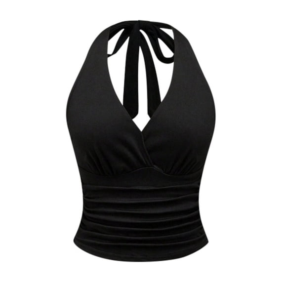 Bibifish Womens Tank Tops Halter Neck Deep V Going Out Tops Slim Fit Ruched Tie Back Solid Cropped Sexy Cami Tops