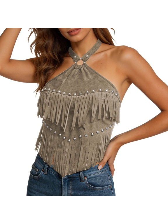 Womens Tank Tops Halter Rivet Accent Double Fringe Western Style Camisoles Cropped Fitted Summer Sleeveless Shirts