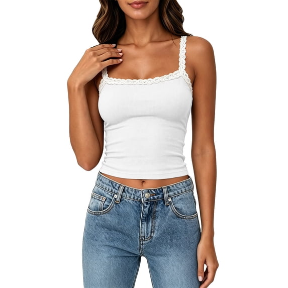 Bibifish Womens Tank Tops Lace Spaghetti Straps Summer Sleeveless Camisole Ribbed Slim Fit Everyday Layering Tops