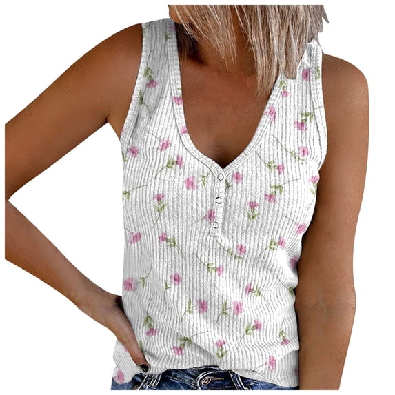 Bibifish Womens Tank Tops Mini Pink Floral Print V Neck Sleeveless Camisole Ribbed Summer Streetwear Tops