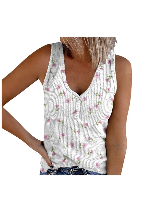 Womens Tank Tops Mini Pink Floral Print V Neck Sleeveless Camisole Ribbed Summer Streetwear Tops