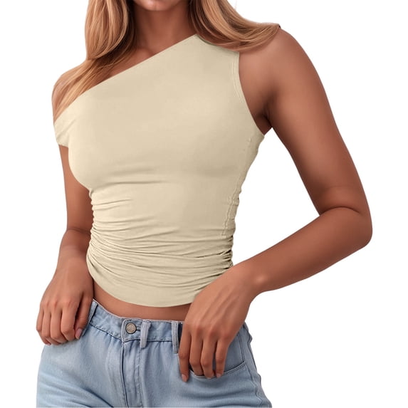Bibifish Womens Tank Tops One Shoulder Sleeveless Going Out Tops Slim Fit Ruched Side Cropped Solid Casual Cami Tops