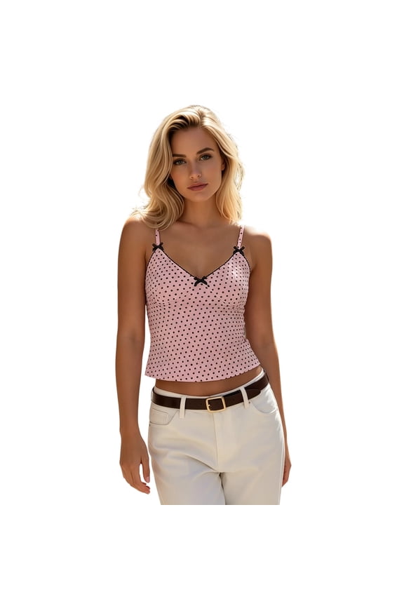 Womens Tank Tops Polka Dot Print Tiny Bow Decor V Neck Summer Sleeveless Camisole Thin Straps Cropped Going Out Tops