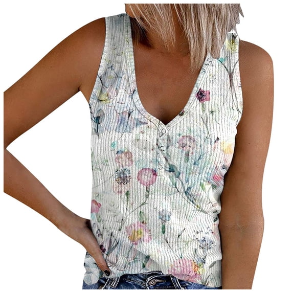 Bibifish Womens Tank Tops Floral Print Summer Sleeveless Tank Tops Half Button Front Ladies Flowy Out Tops