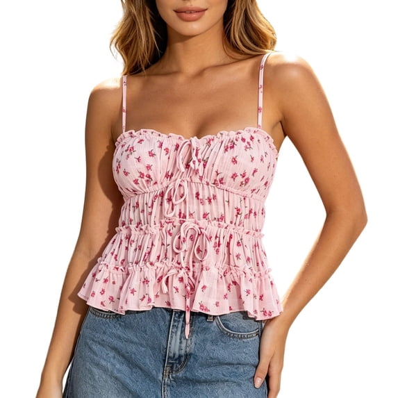 Bibifish Womens Tank Tops Spaghetti Strap Square Neck Multi Tier Drawstring Floral Camisoles Ruffle Hem Summer Sleeveless Shirts
