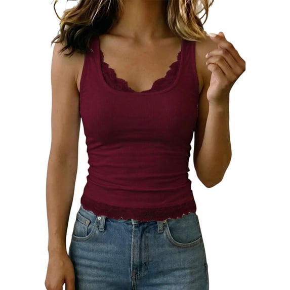 Bibifish Womens Tank Tops Square Neck Double Lace Ribbed Knit Camisoles Summer Sleeveless Shirts