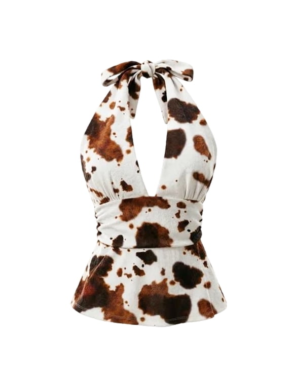 Womens Tank Tops Tie Back Halter Cow Print Waist Summer Sleeveless Camisole Deep V Flared Hem Tops