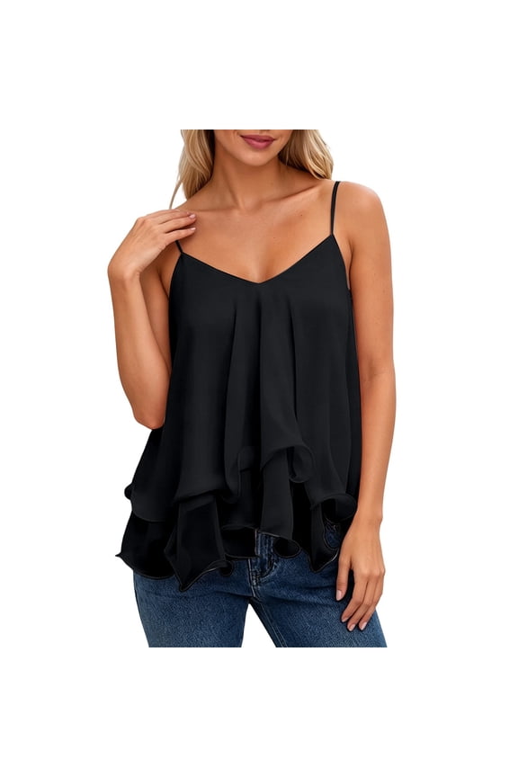 Womens Tank Tops V Neck Multi Layer Ruffle Chiffon Summer Sleeveless Camisole Spaghetti Strap Flowy Vacation Tops