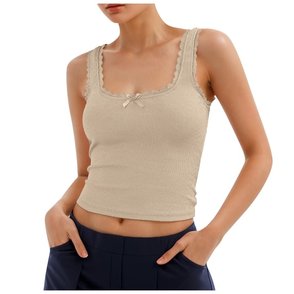 Bibifish Womens Tank Tops Wide Straps Square Neck Ribbed Lace Trim Camisoles Bow Detail Cropped Sleeveless Tops
