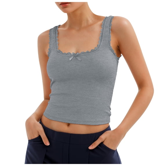 Bibifish Womens Tank Tops Wide Straps Square Neck Ribbed Lace Camisoles Bow Detail Cropped Sleeveless Tops