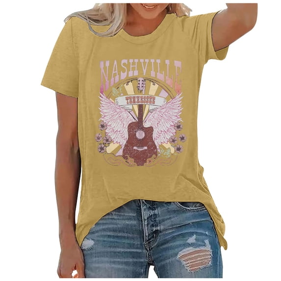 Bibifish Womens Tee Classic Western Nashville Retro Pattern Short Sleeve Crew Neck Tshirts Cowboy Outdoor Leisure T-Shirts