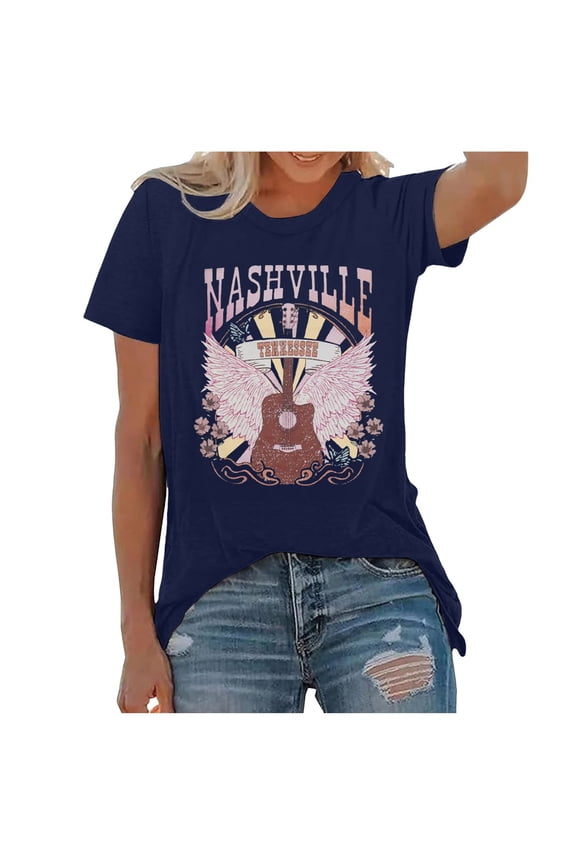 Womens Tee Classic Western Nashville Retro Pattern Short Sleeve Crew Neck Tshirts Cowboy Outdoor Leisure T-Shirts