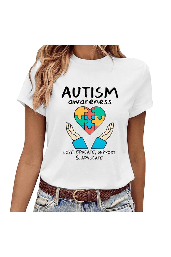 Womens Tee Tops Autism Awareness Print Soft Breathable Regular Fit Crewneck Short-Sleeve Tee Tops Summer Daily Commute Chic Wear