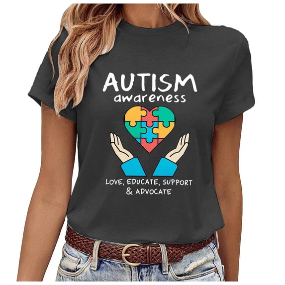 Bibifish Womens Tee Tops Autism Awareness Print Soft Breathable Regular Fit Crewneck Short-Sleeve Tee Tops Summer Daily Commute Chic Wear