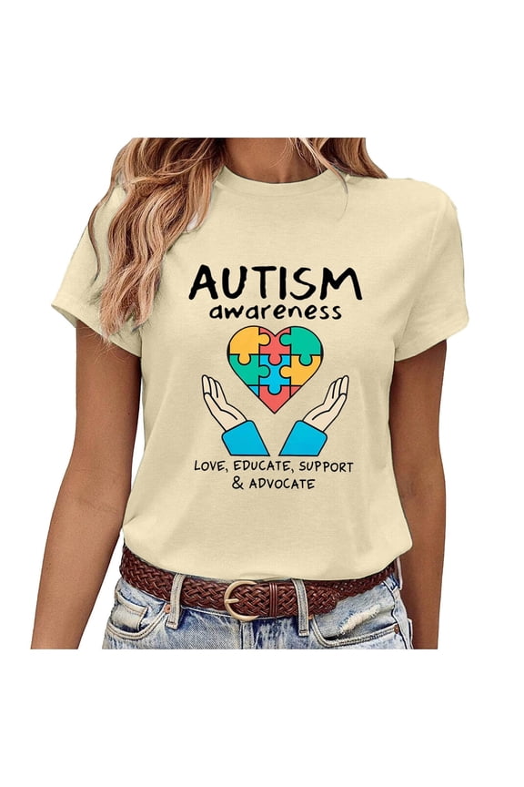 Womens Tee Tops Autism Awareness Print Soft Breathable Regular Fit Crewneck Short-Sleeve Tee Tops Summer Daily Commute Chic Wear
